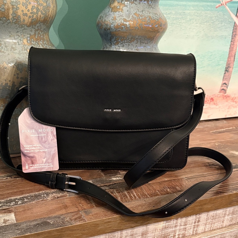 NWT Pixie Mood Black Vegan Leather Flap Crossbody
